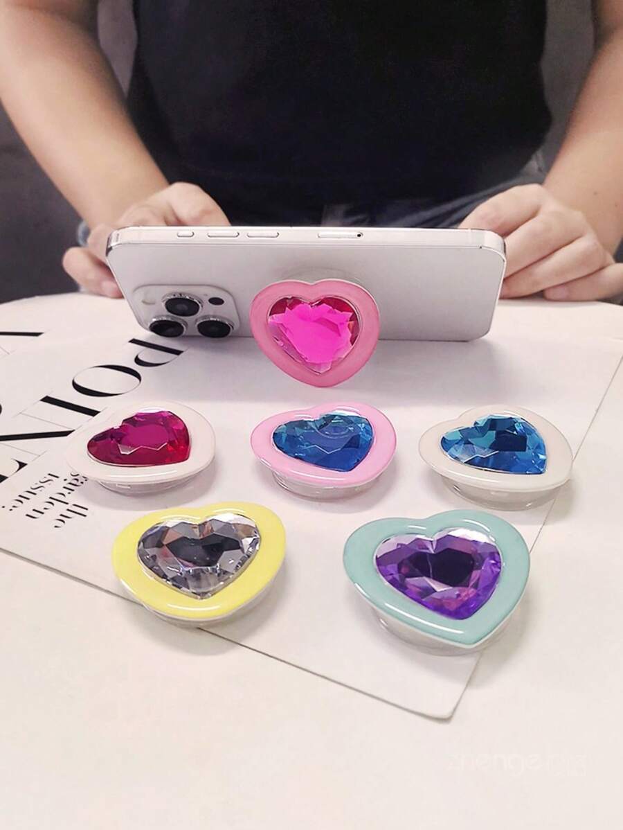 1pc Heart-Shape Gemstone Finger Ring Mobile Phone Stand, Slouchy Person's Must-Have Device Holder, Sturdy Adhesive Mount, Attach On Phone, Anti-Drop & Shake Resistant