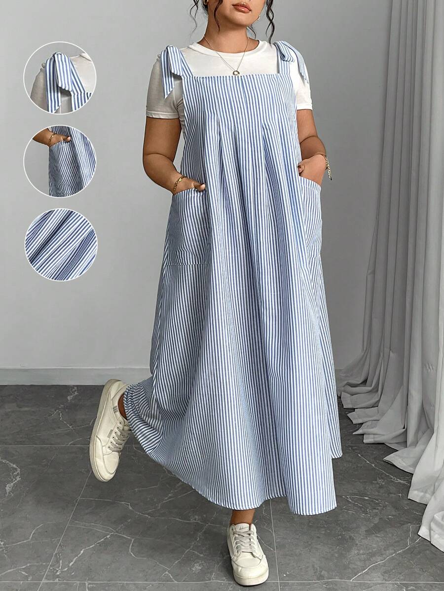 Plus Size Women Striped Dual Pocket Casual Loose Strap Dress Maxi Women Outfit