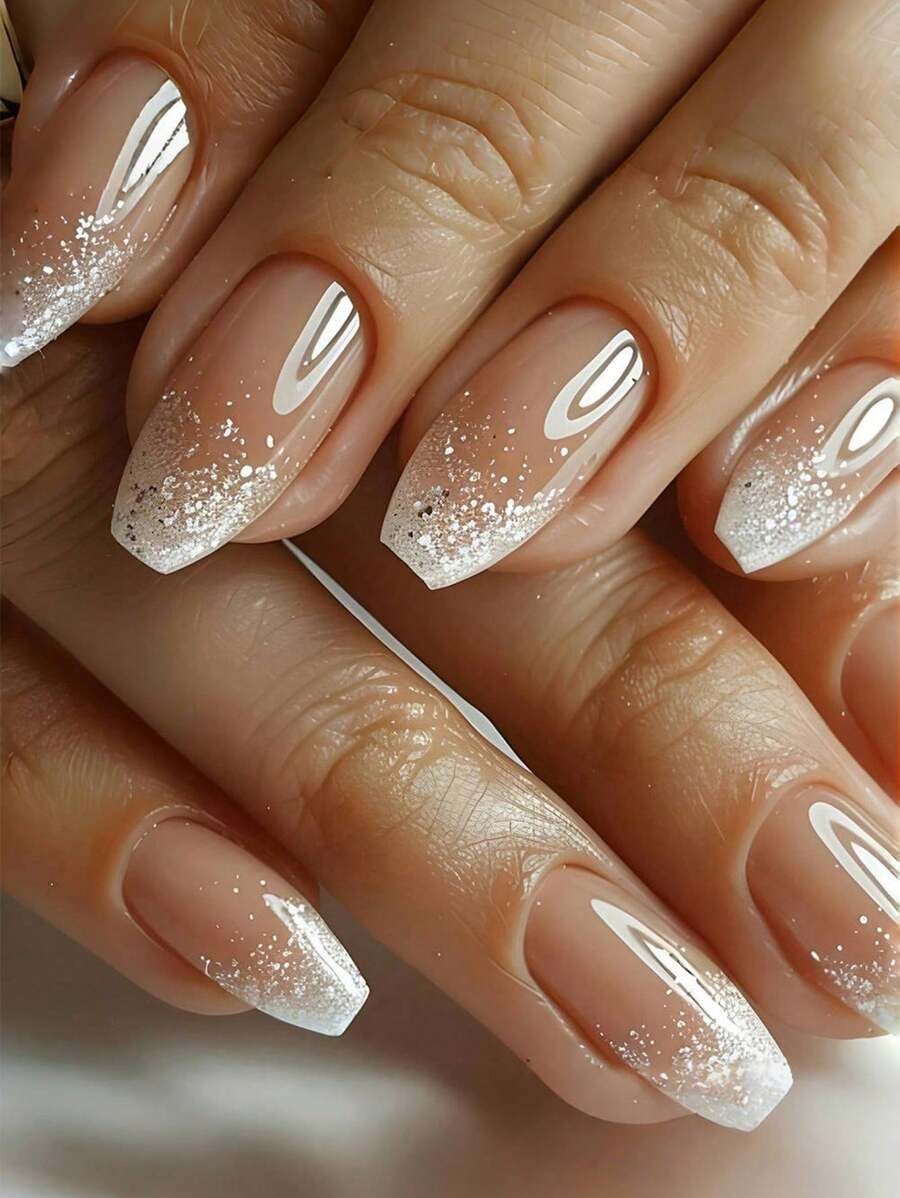 24pcs Short Ballet Style Fake Nails, Glitter Ombre White Nail Wraps, Full Cover Removable Manicure Set For Women, Suitable For Party, Prom, Everyday Wear