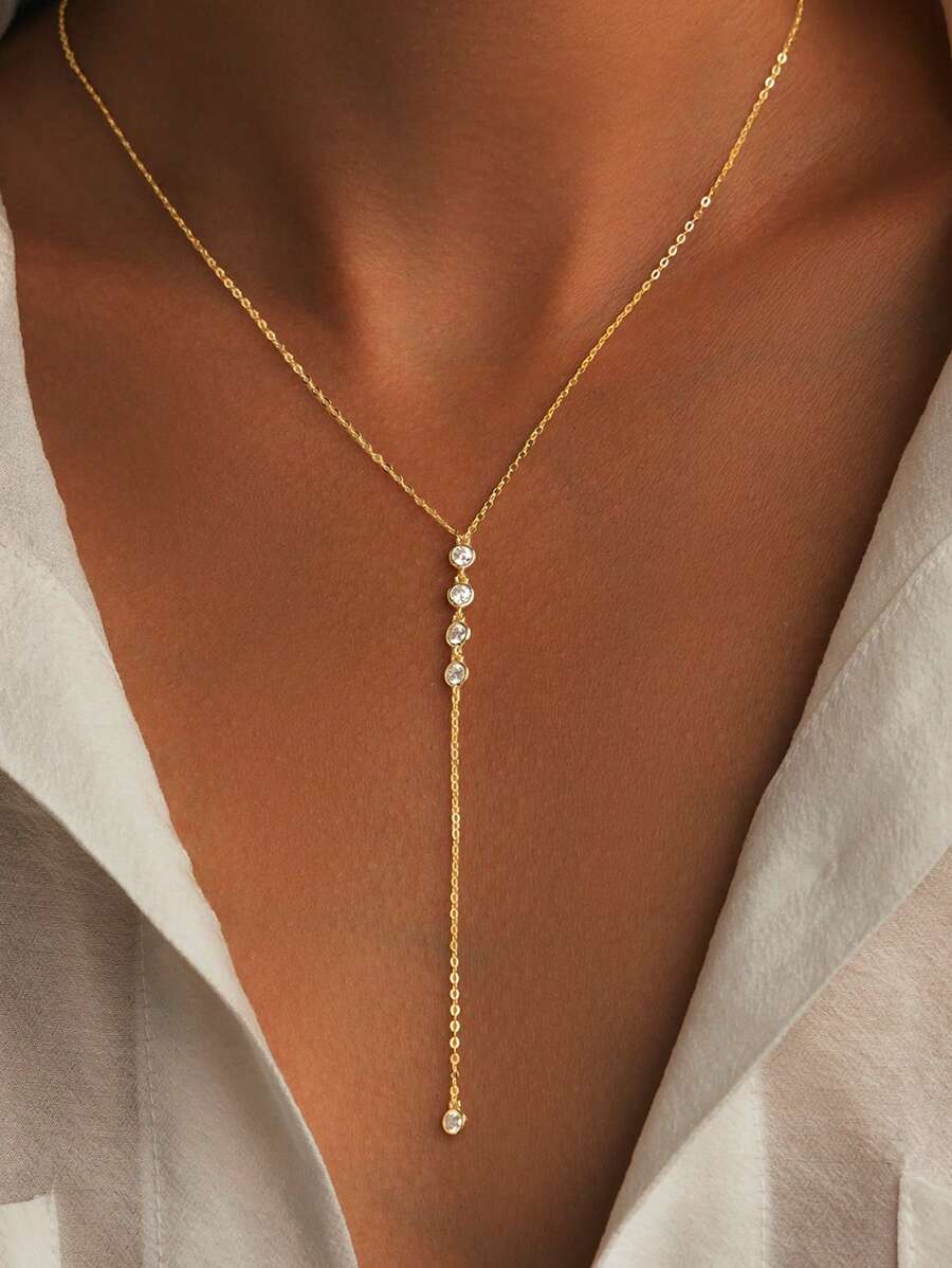 1 buc colier de lux strălucitor S925 argint auriu cu zirconiu în formă de Y, colier delicat cu pandantiv, accesorii, potrivit pentru petrecere, întâlnire, banchet