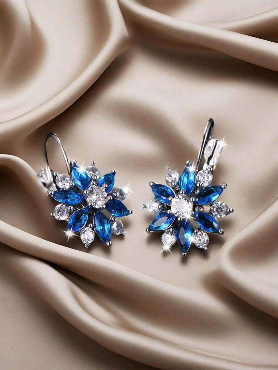 1 Pair Charming Blue Floral Pattern Women Clip On Earrings, Lightweight & Comfortable Design For All-Season Outfits Accessories