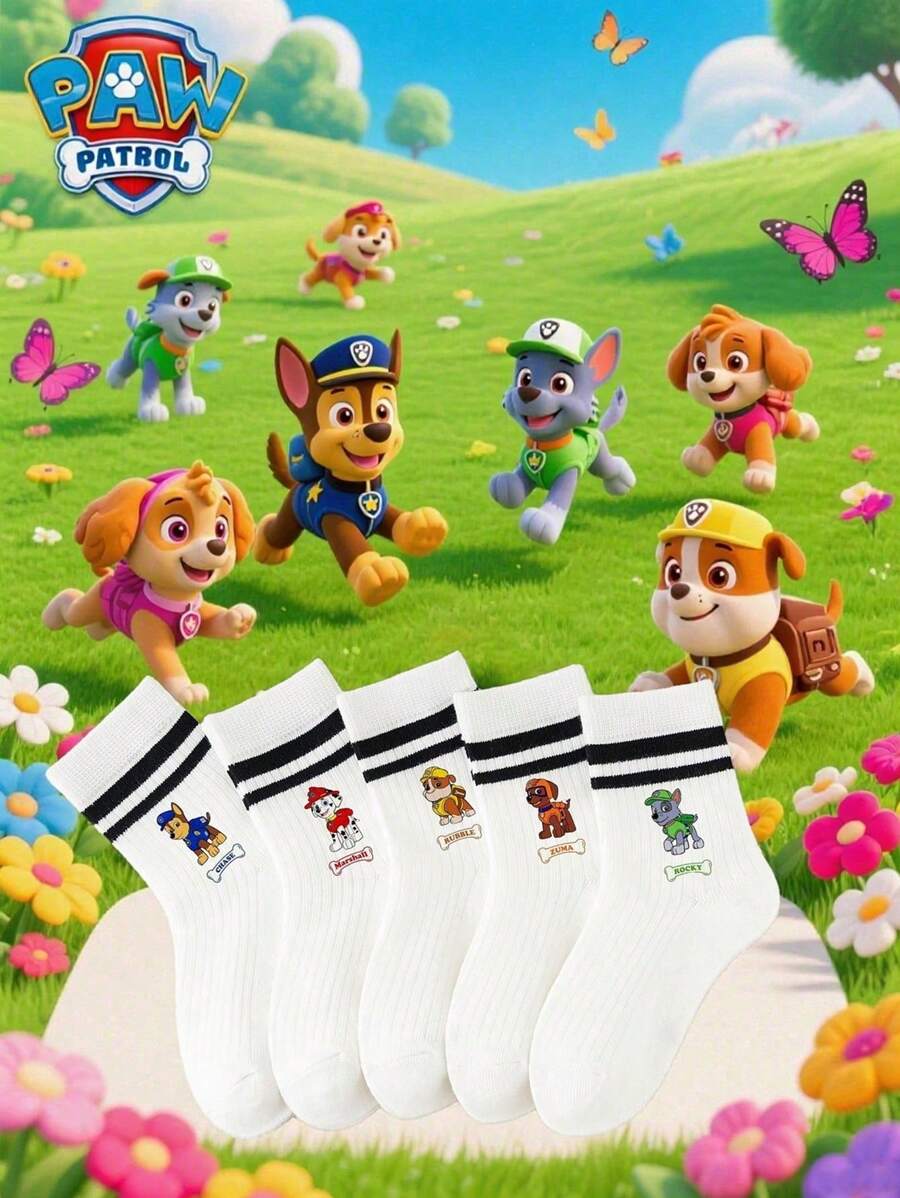 Paw Patrol 1/5 pares de calcetines de media caña para niños y niñas de todas las temporadas con diseño de Paw Patrol, calcetines estudiantiles con dibujos de huesos y nombres de perros, calcetines blancos, calcetines para niños, suaves, transpirables y antideslizantes, estilo lindo y casual, para uso diario, regalos, Pascua, verano