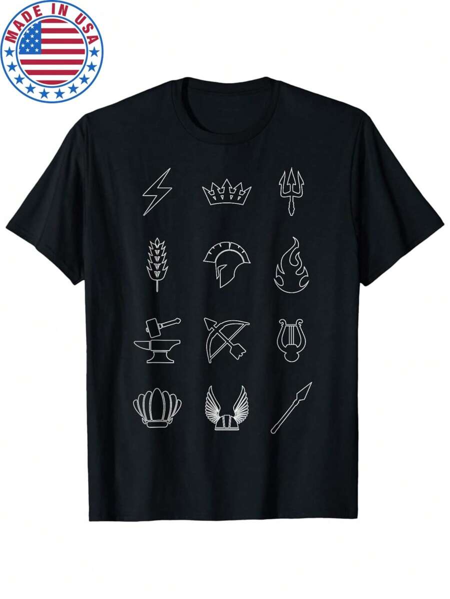 Camiseta griega con símbolos de la mitología griega para los 12 dioses y diosas