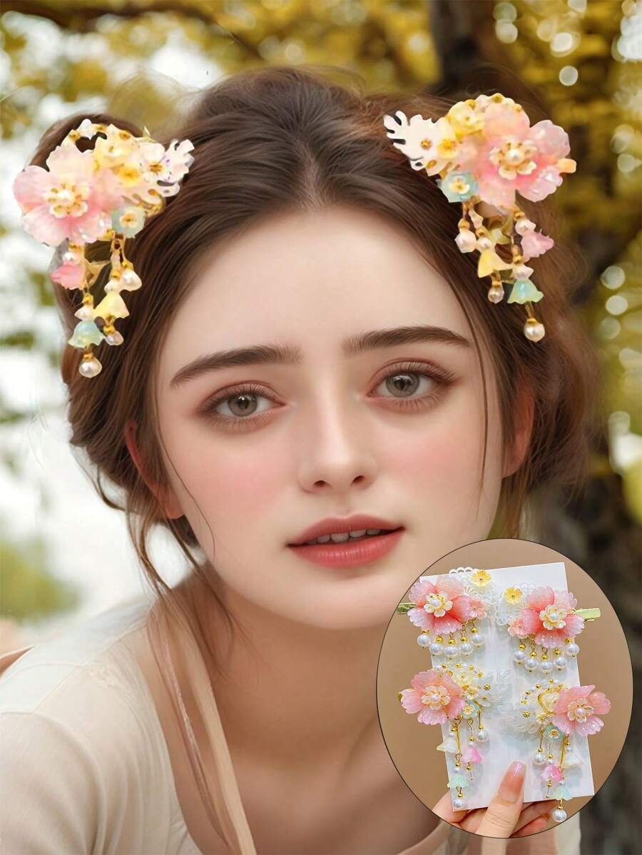 4pcs/Set Elegant Tassel Flower Goddess Style Girls Hair Clips, Chinese Style Costume Accessories, Suitable For Cosplay, Stage Performance, Festival Party, Gift, Palace Style Headdress