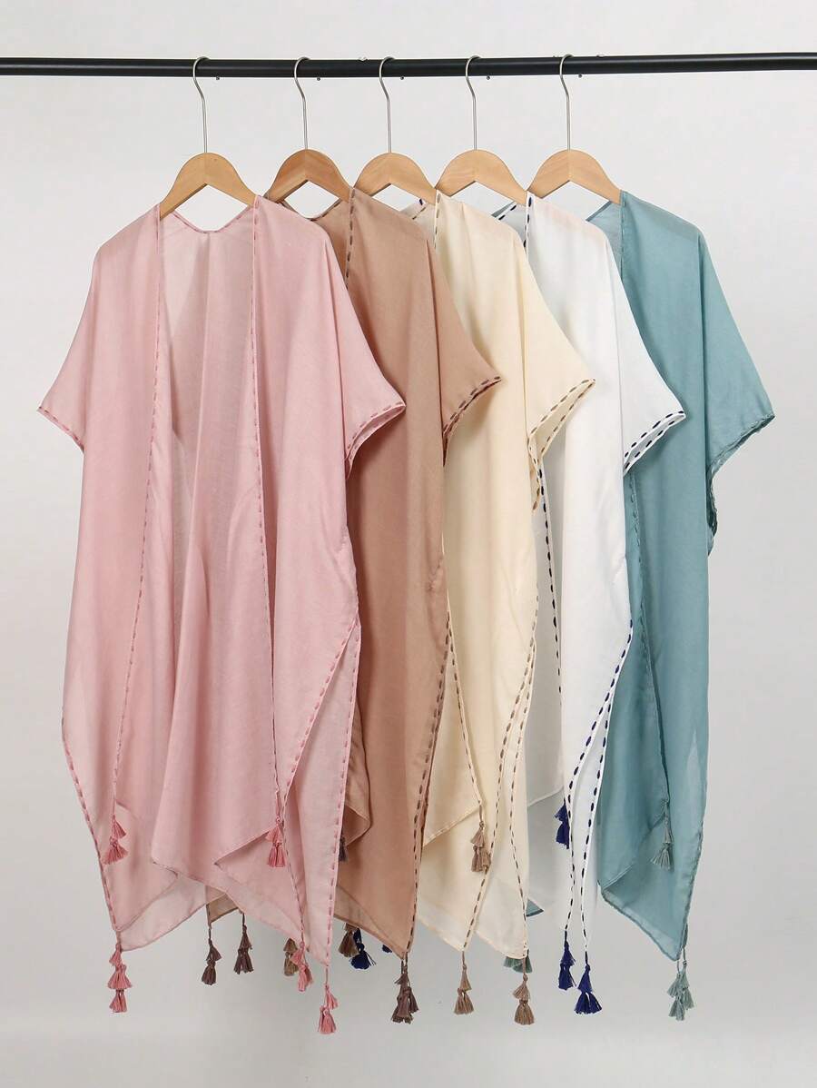 1 buc. Salopetă de plajă pentru femei, stil nou, culoare pură, cu șiruri, fără mâneci, agățată, cardigan, șal, stil boem, lejer, casual, pentru vacanță, cu protecție solară, kimono, potrivit pentru cadouri de vară în familie, pentru vacanță
