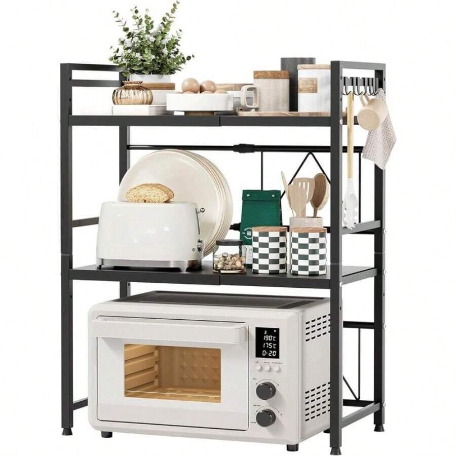 Shelf,Expandable 3-Tier Microwave Stand With 8 Hooks – Versatile Kitchen Countertop Organizer: Fits Microwave, Air Fryer, Printer & More