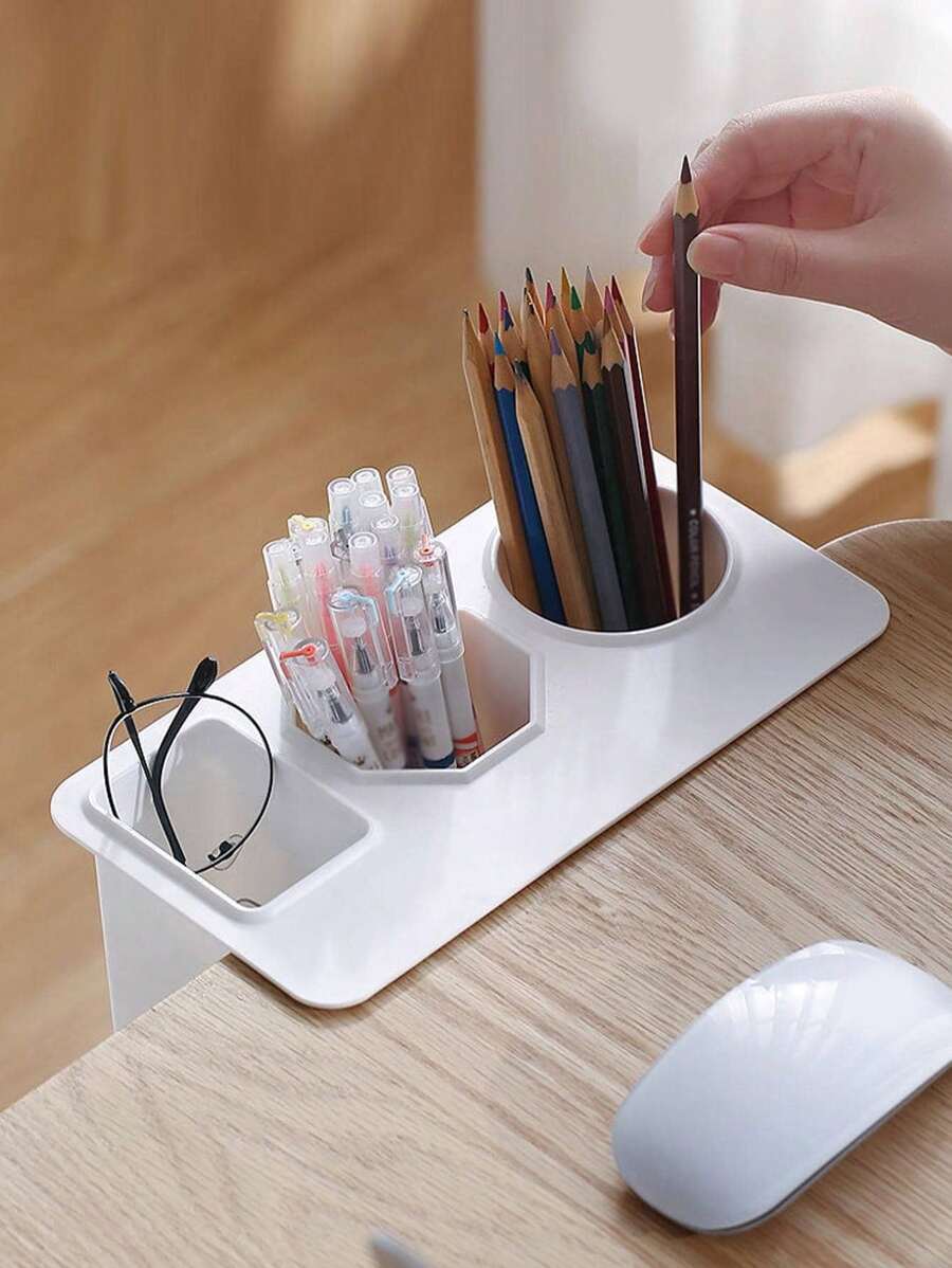 1 pezzo Scatola portaoggetti multifunzionale adesiva con tre scomparti, portapenne da scrivania, per forniture scolastiche, per il ritorno a scuola