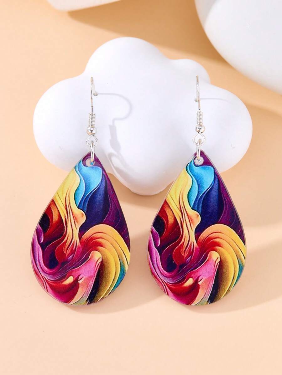 1pair Double-Sided Rainbow Printed Droplet Wooden Hook Earrings For Women, Boho Jewelry, Summer Ladies' Jewelry,Colorful Earrings