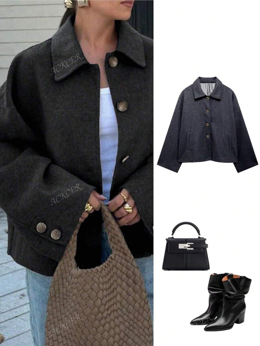 Women's Fashionable And Casual French Style Design Single Breasted Short Style With A Loose Collar Woolen Coat