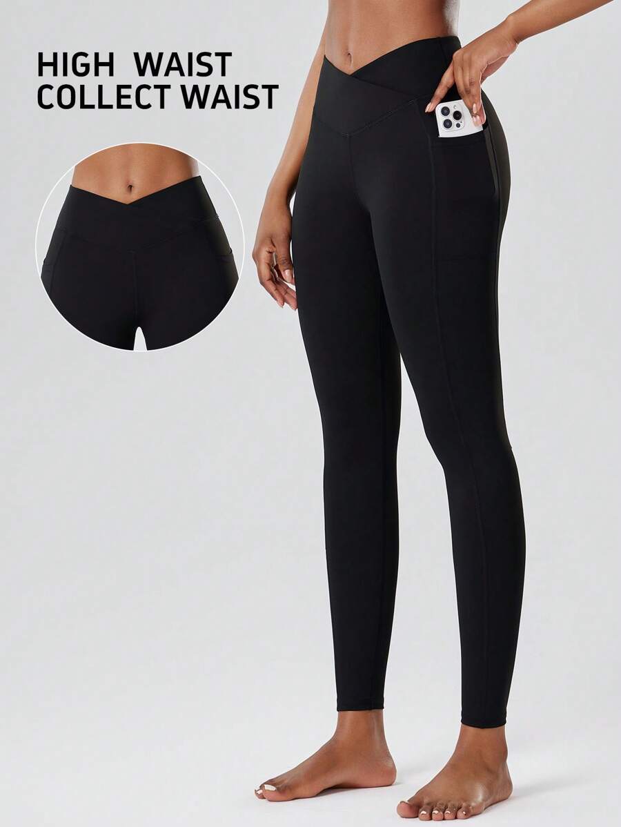 1 Stück Damen High Waist Kompressionsleggings für Workouts, Kreuzgurt Taille, Bauchkontrolle, Taschen, dehnbarer Stoff für Gym, Laufen, Training, Yoga