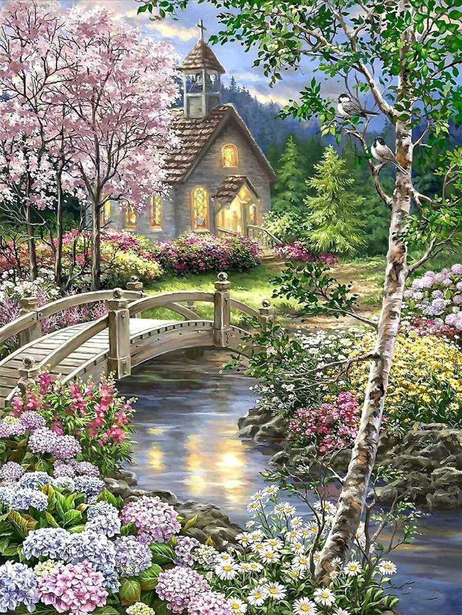1 pieza Kit de pintura de diamantes DIY, paisaje de río y cabaña, decoración de pared para el hogar, bordado de diamantes de taladro completo, disponible en varios tamaños