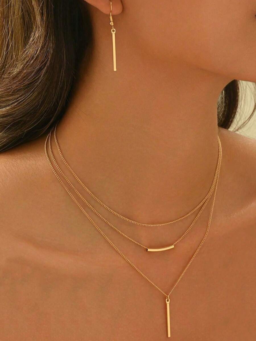 Conjunto de 3 joias boêmias da moda para mulheres, Europa e América, colar com pingente geométrico dourado minimalista e brincos delicados