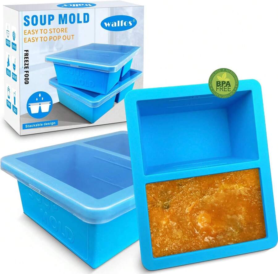 Extra-Large Silicone Freezing Tray With Lid, 1-Cup Freezer Tray For Soup, Silicone Soup Freezer Container For Storing And Freezing Soup, Broth, Sauce And Ice, 2 Pack,8205518