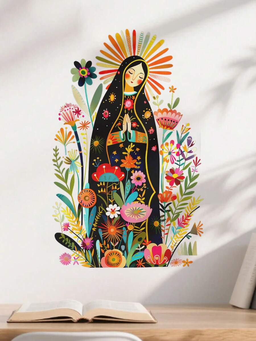 1 pièce Notre-Dame de Guadalupe Sticker mural de statue de fleurs de lune Sticker de porte Vierge Marie en prière Décor de chambre d'enfant Chambre à coucher Salon Bureau Autocollant décoratif Papier peint Décoration de maison Décoration de pièce Autocollants muraux Personnalisés