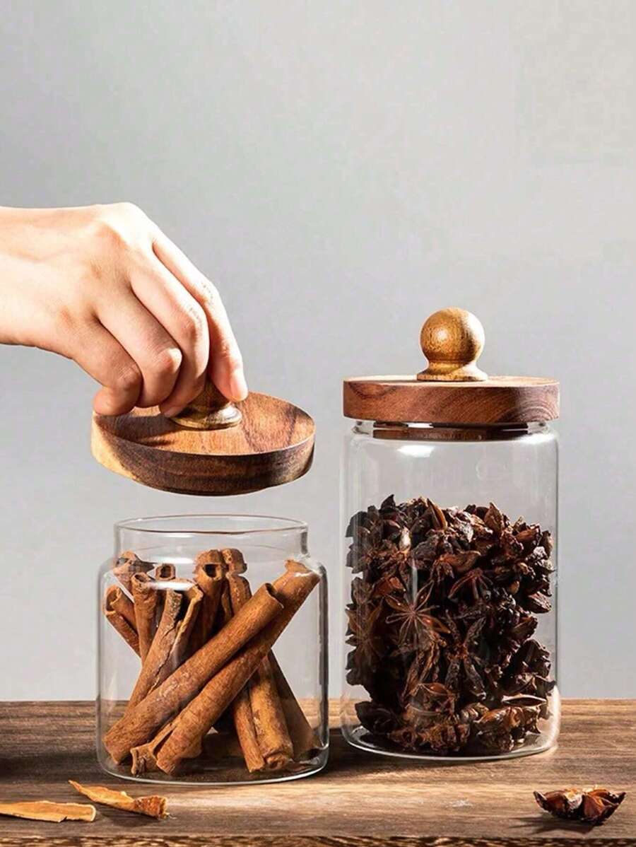 Glass Storage Jar Kitchen Storage With Wooden Lid, Glass Coffee Jars, Clear Storage Canister With Wooden Lid Round Glass Food Jar For Pantry Sugar Tea Coffee Bean Spice Nuts,Used In Refrigerators And Cabinets