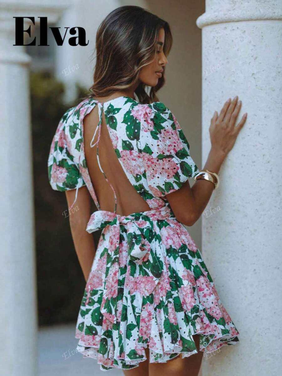 ELVA Women's Floral Print Peasant Ruffle Backless Mini Dress With Bubble Sleeves, Suitable For Vacation, Back To School Season, Concert