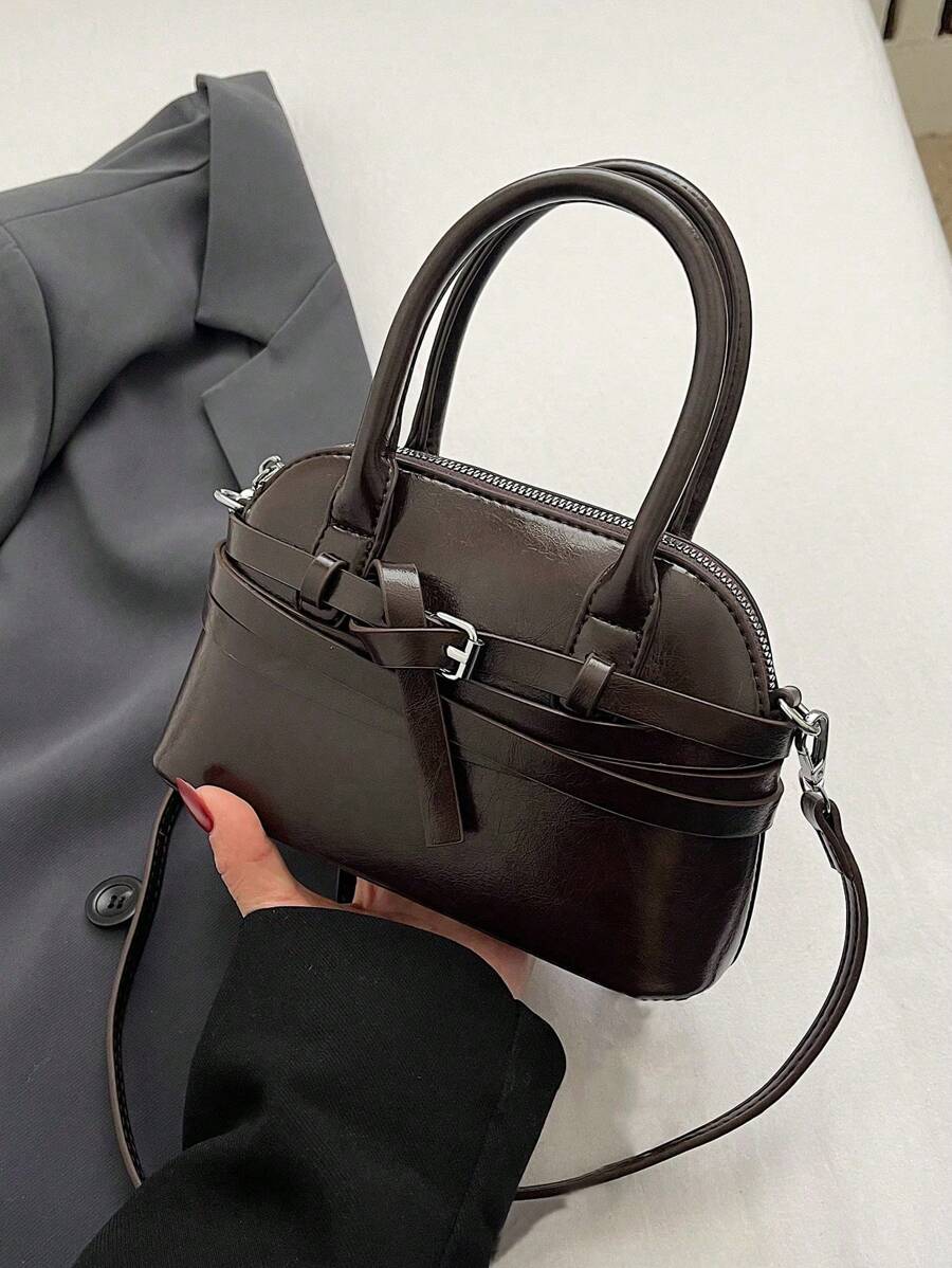 Bolsa de Ombro com Fivela Moderna Feminina, Bolsa de Moda Retrô, Couro PU Brilhante