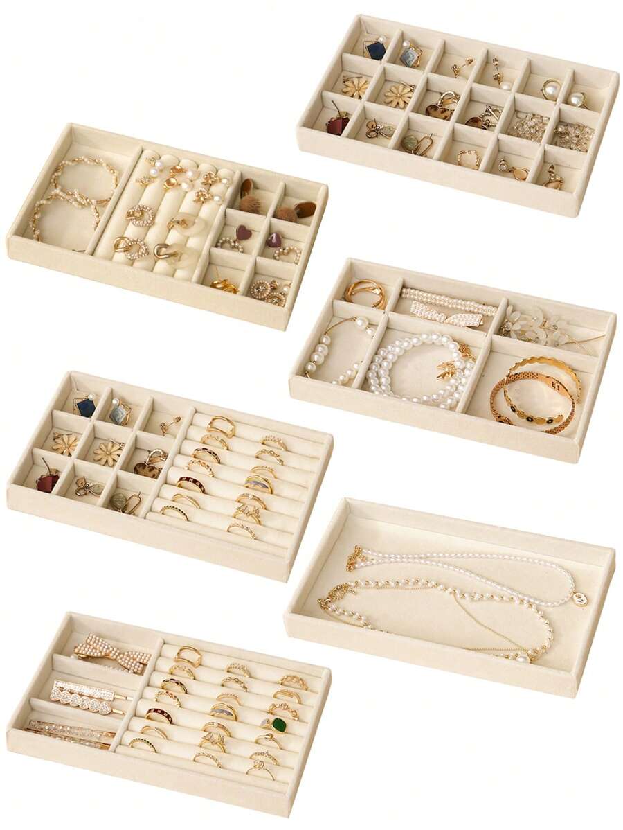 1 Set Of 6 Jewelry Display Trays, Velvet Covered Desk Organizer Containers For Storing And Exhibiting Jewelry, Suitable For Rings, Earrings, Bracelets, Necklaces, Brooches, Medals, Awards - Perfect Gift For Women, Jewelry Stores And Everyday Home Use