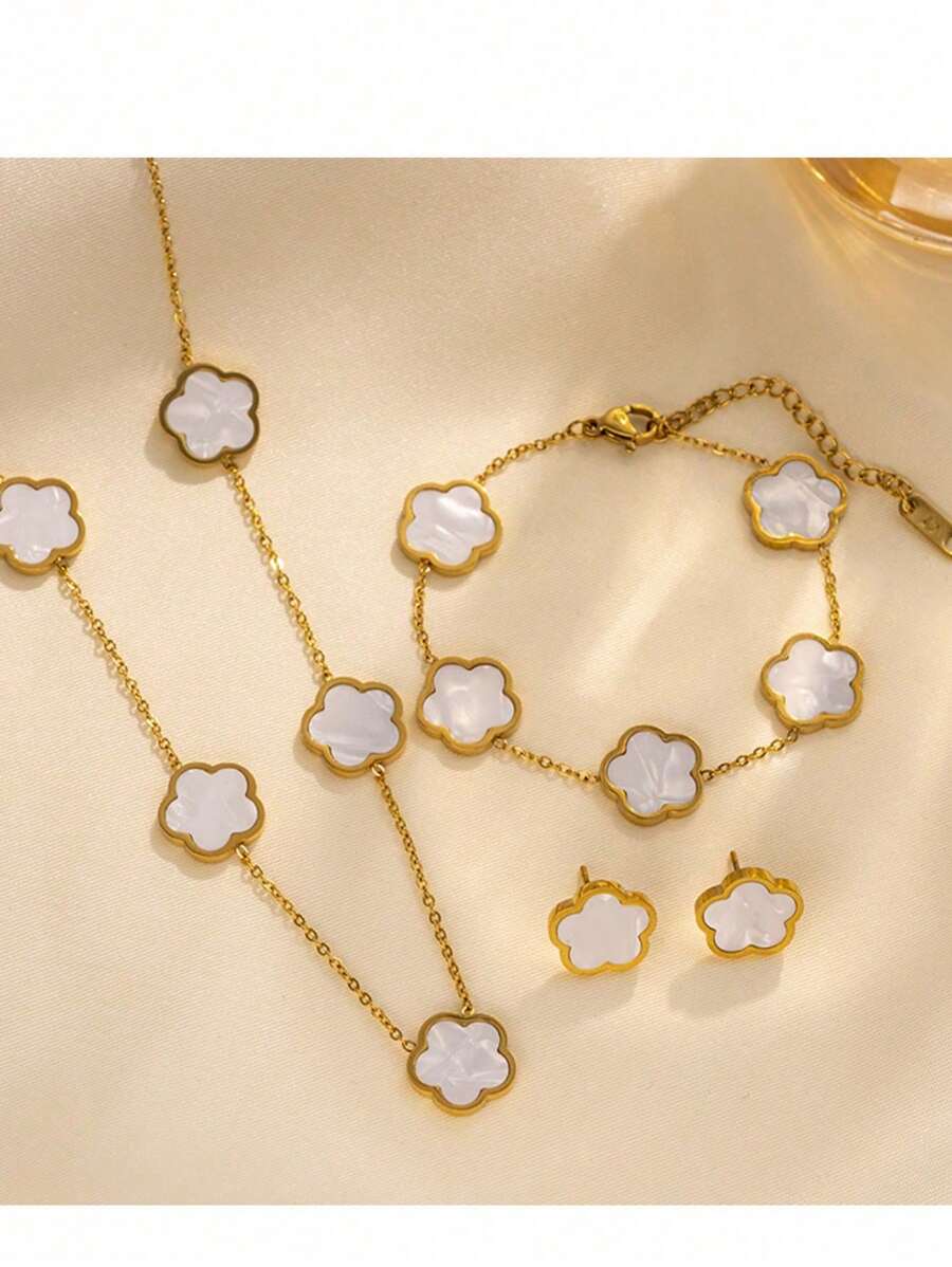1 Set Of Fashionable White New Stainless Steel Plant Mother-Of-Pearl Five-Leaf Flower/Four-Flower Stud Earrings/Bracelet/Necklace Jewelry Set