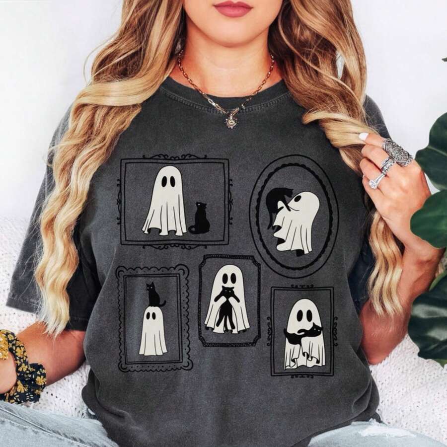 Halloween Cat Ghost Shirt Cute Ghost Shirt Cat Mama Halloween Shirt Black Cat Tee Halloween Ghost Spooky Shirt Halloween Gift Cute Oversized Tshirts For Women Fashionable Beach T-Shirt, Summer Vibe T-Shirt Top