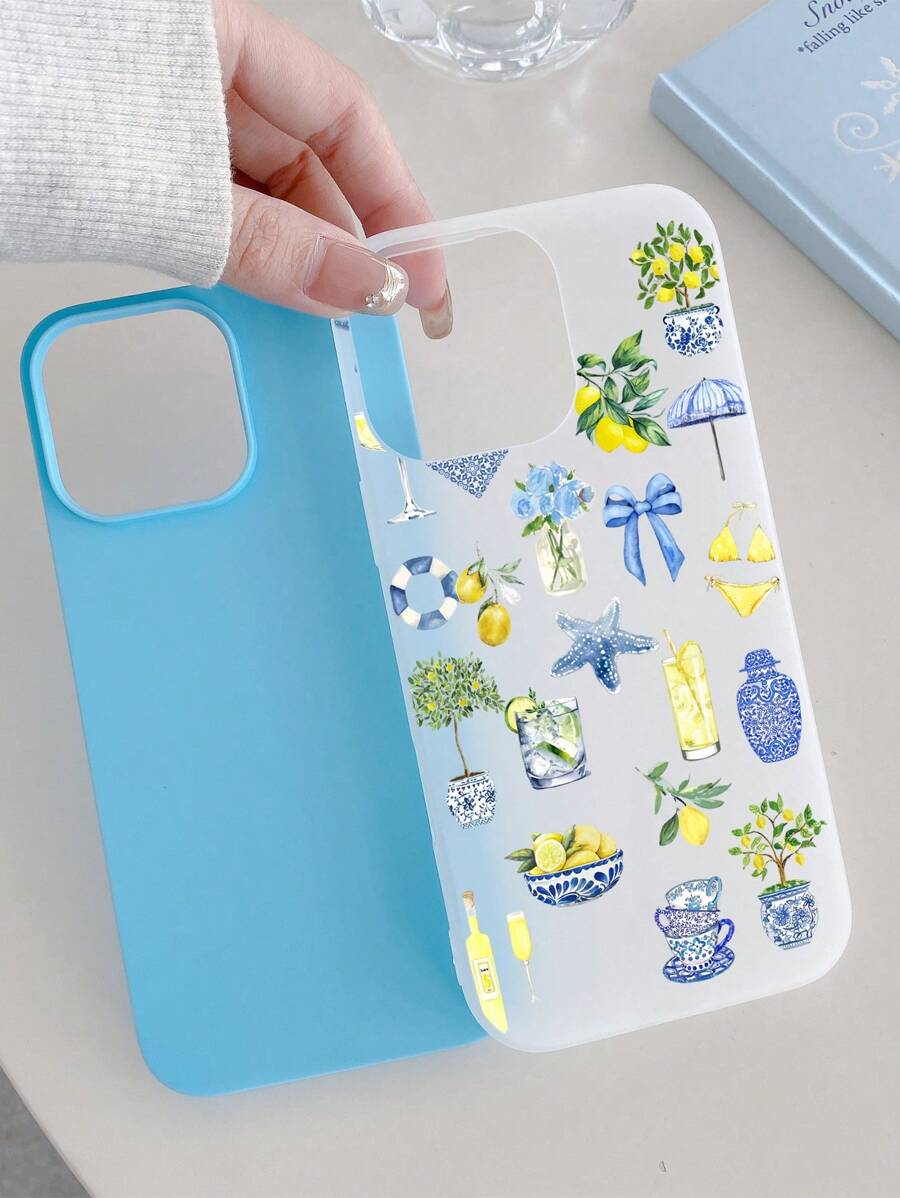 1 pieza Estuche de teléfono suave 2 en 1 a prueba de agua y antideslizante de TPU con estampado colorido de dopamina de verano, estrella de mar azul, traje de baño amarillo y limón para teléfonos Apple
