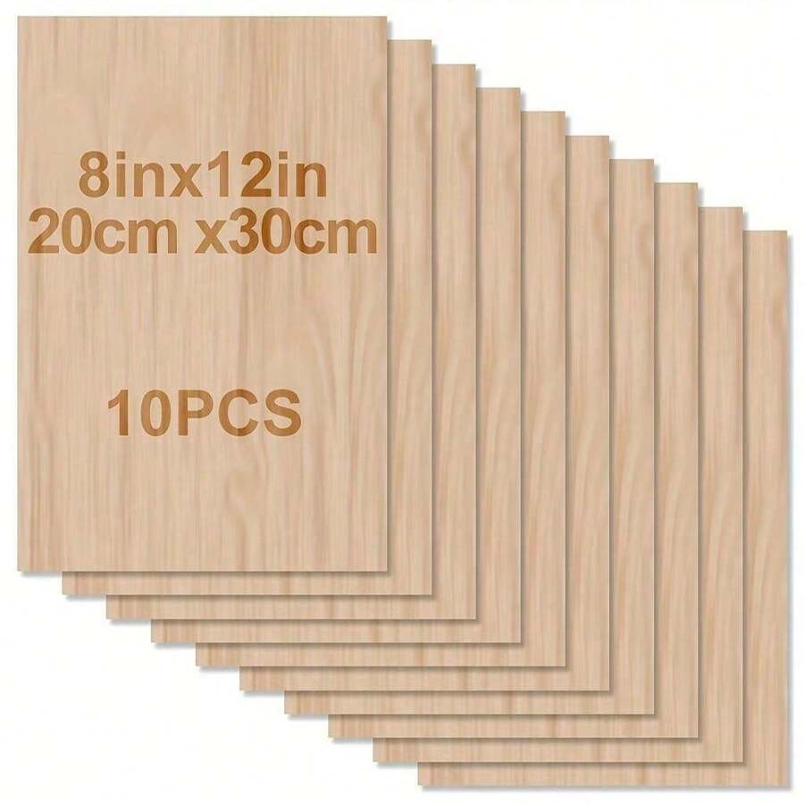 10 pièces/5 pièces/1 pièce Feuilles vierges pour artisanat - 12 x 8 pouces - Feuilles de contreplaqué de 1,5 mm d'épaisseur avec surfaces lisses - Panneaux de bois rectangulaires non finis pour découpe laser, pyrographie, modèles architecturaux, teinture