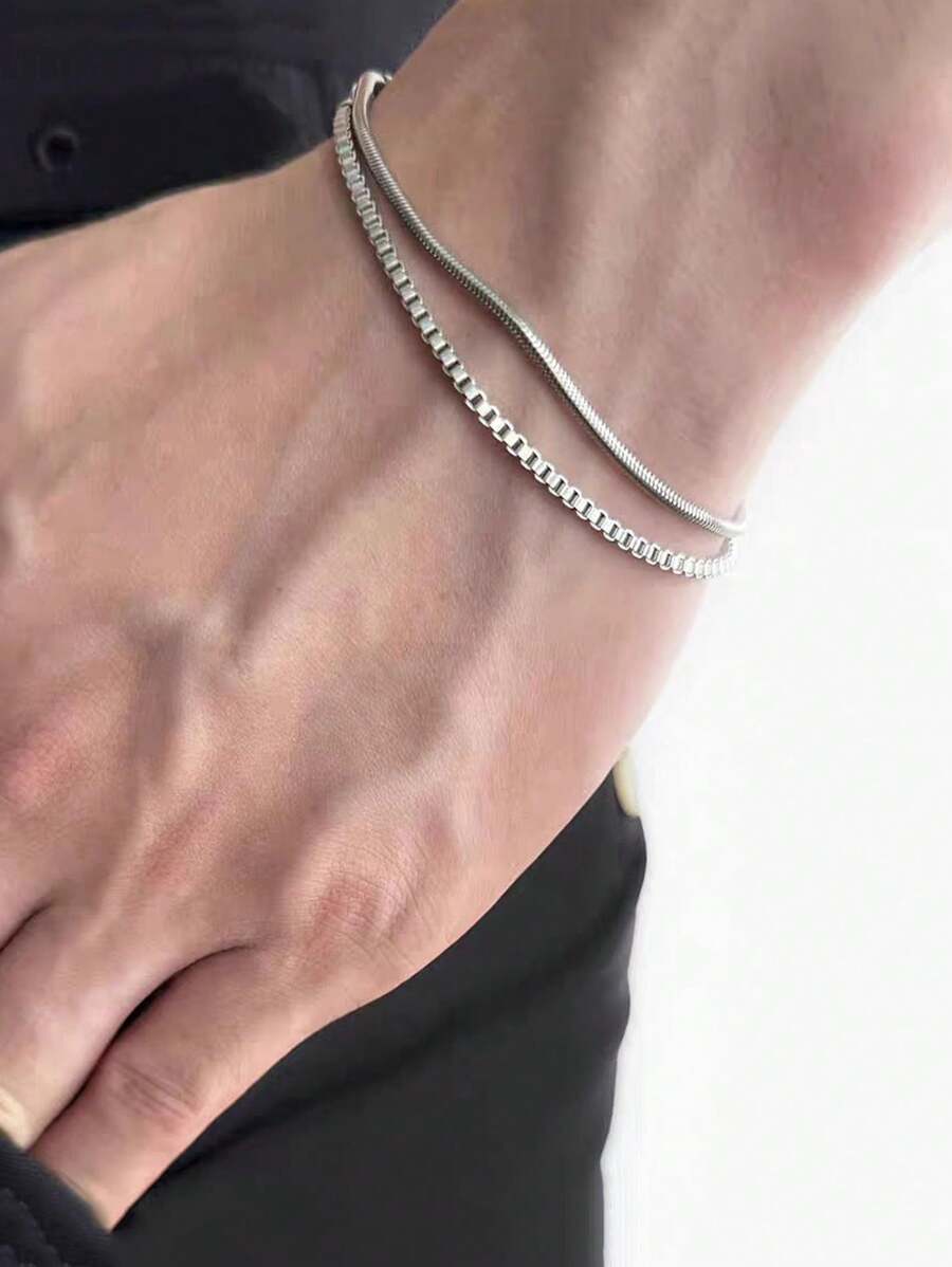 سوار ساعة السلسلة من الفولاذ المقاوم للصدأ قطعتان، اكسسوارات رسغية ذات طراز بسيط للرجال