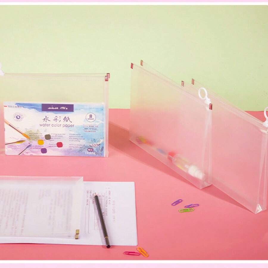 4pcs A4 Plastic PP Clear Zipper File Folders, School Student Office Storage Creative Cartoon Document Bags,For School Supplies,Back To School