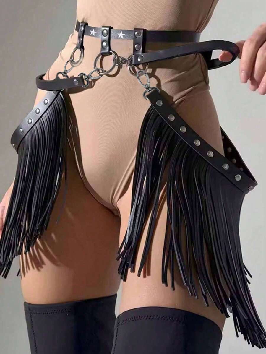 1 pièce Ceinture taille gothique noire en PU à franges pour femme de style occidental. Ceinture de danse ajustable de style punk cowgirl. Convient pour le streetwear, accessoire vestimentaire