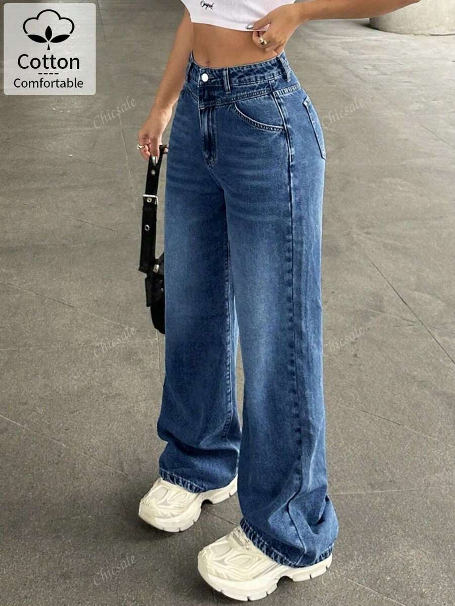 Jeans casual alla moda con gamba ampia e effetto vissuto per donne
