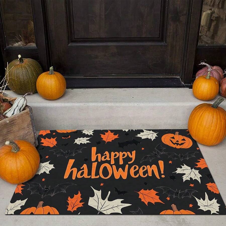 1 capacho com estampa de abóbora de Halloween, fantasma e morcego, veludo cristal 650g + base de silicone TPR, 0,5cm de espessura, carpete pequeno e macio com elementos rústicos do festival de outono, adequado para áreas externas, entrada, sala de estar, quarto, lavanderia, banheiro, lavável à máquina, tapete de entrada pequeno para o ano todo, decoração de casa