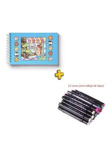 Livro azul+12 cores canetas
