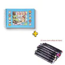 Livro azul+12 cores canetas