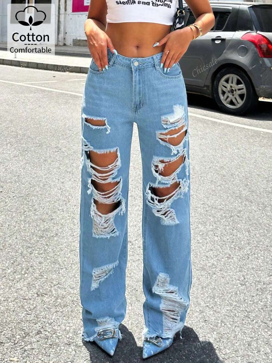 Jeans rectos y sueltos con bolsillos rotos para mujer