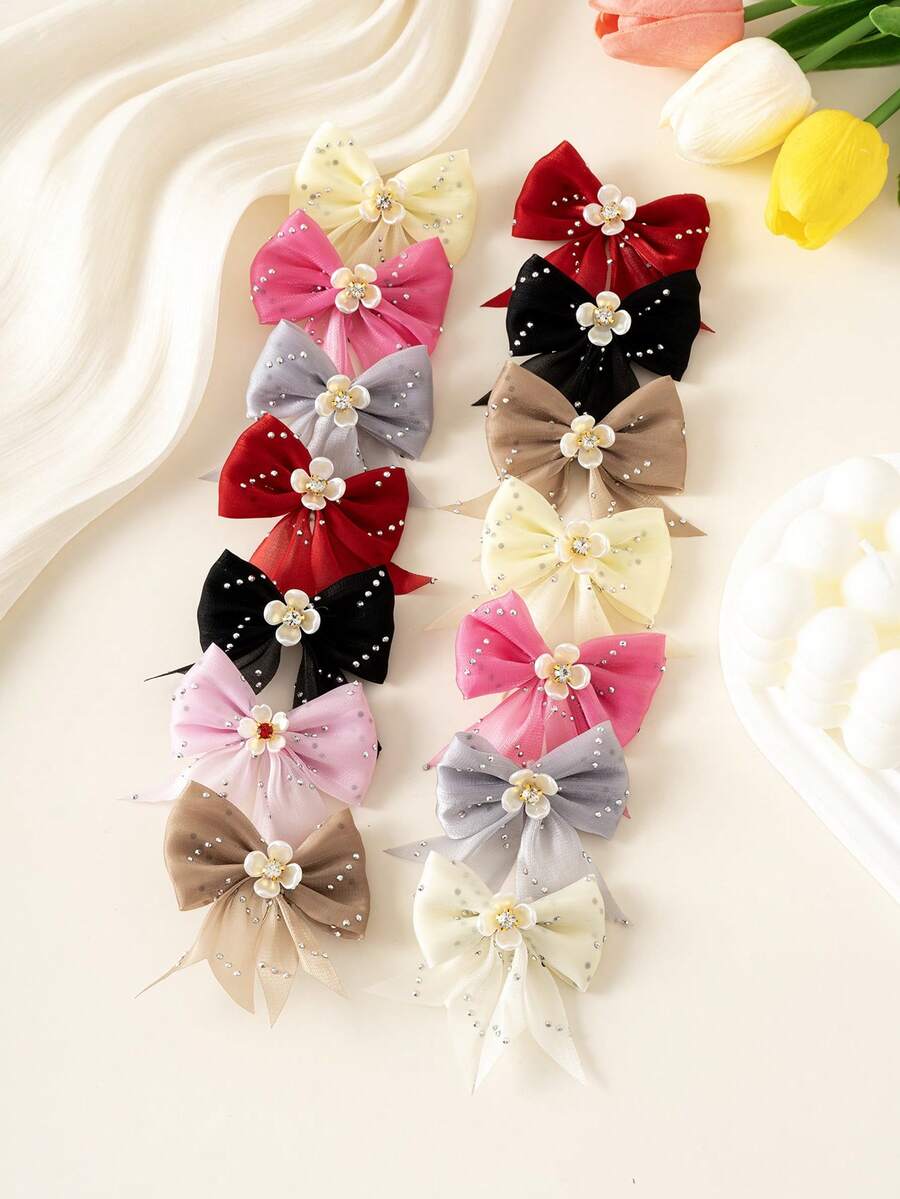 8 pièces/10 pièces Sets de pinces à cheveux élégantes et mignonnes en mousseline de soie avec nœud papillon, barrettes de cheveux minimalistes à la mode avec design de fleurs en strass brillant, convenant aux étudiantes, aux fêtes, à l'usage quotidien, pinces à cheveux, pinces à cheveux, épingles à cheveux, pinces à cheveux alligator, fournitures scolaires, accessoires nœud
