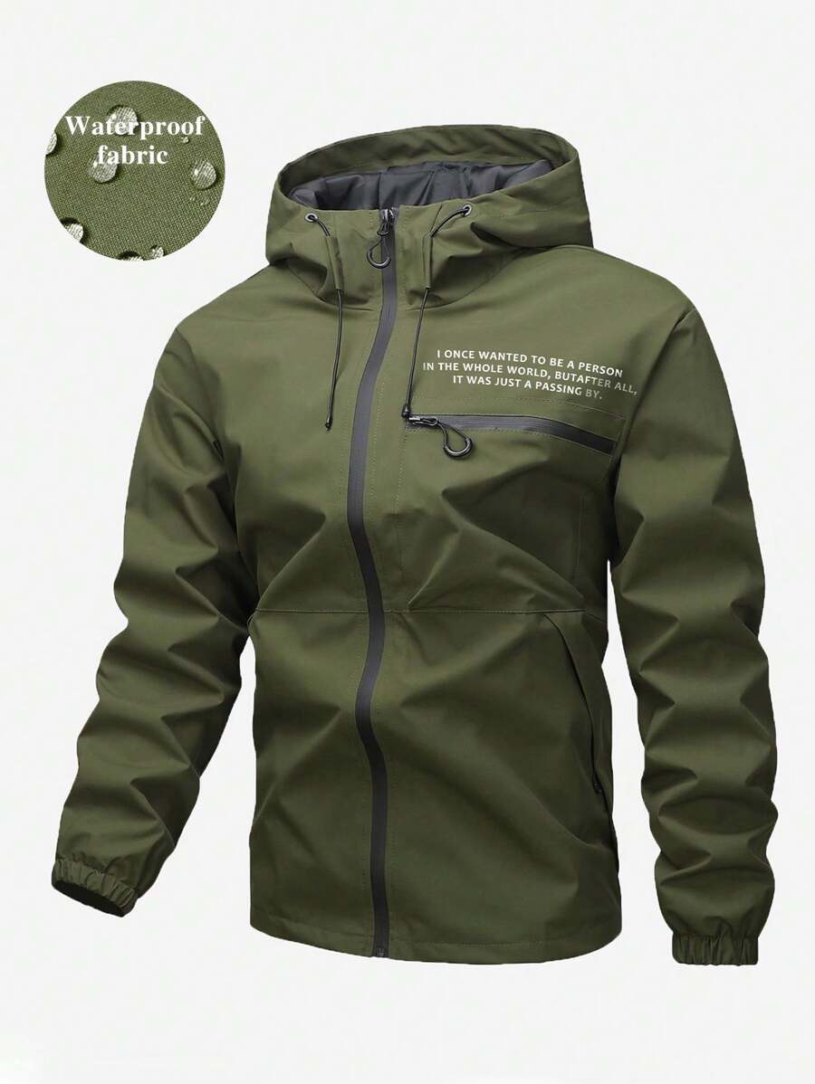 Chaqueta suave con capucha y cordón para hombre, con impresión de letra, resistente al viento y al agua, informal y deportiva con bolsillos delanteros, uso versátil diario, best-seller.