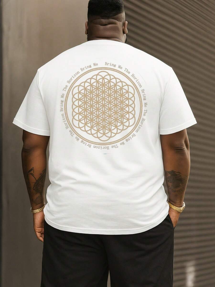 T-shirt grafica Horizon Band con stampa sul retro, maglietta da uomo grande, 220 g, nuova maglietta estiva in puro cotone con scollo rotondo e stampa sul retro (1 pezzo)