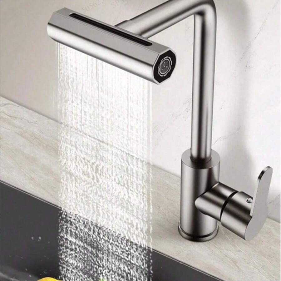 4-Mode Waterfall Sink Faucet, Stainless Steel Kitchen Faucet With Hot And Cold Water, 360° Swivel Ceramic Valve Deck Mount Bathroom/Kitchen/RV Faucet