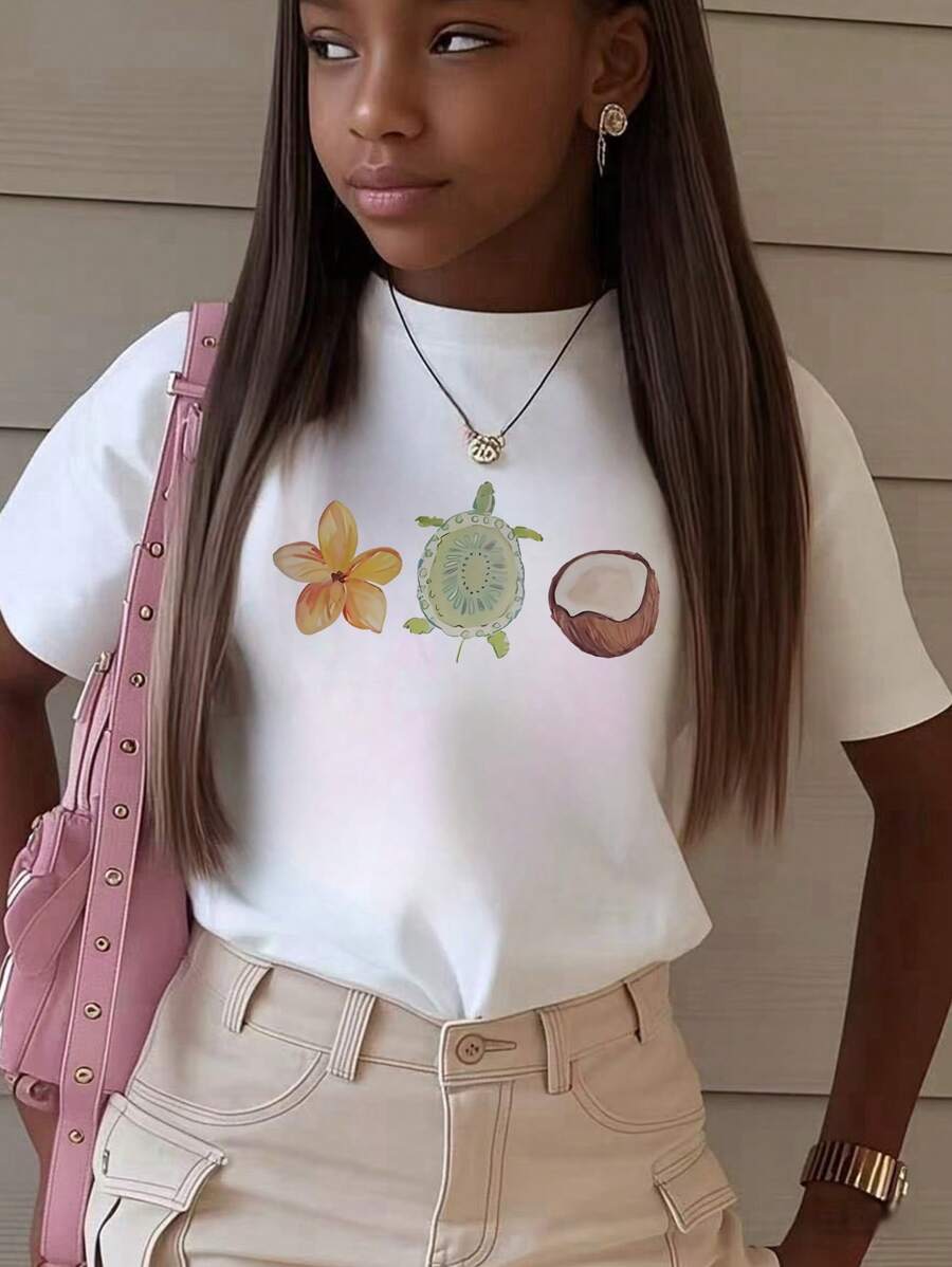1pc Girls Casual English Alphabet Print Round Neck Pullover Short Sleeve T-Shirt, Creative Graphic Tee For Young Student Summer