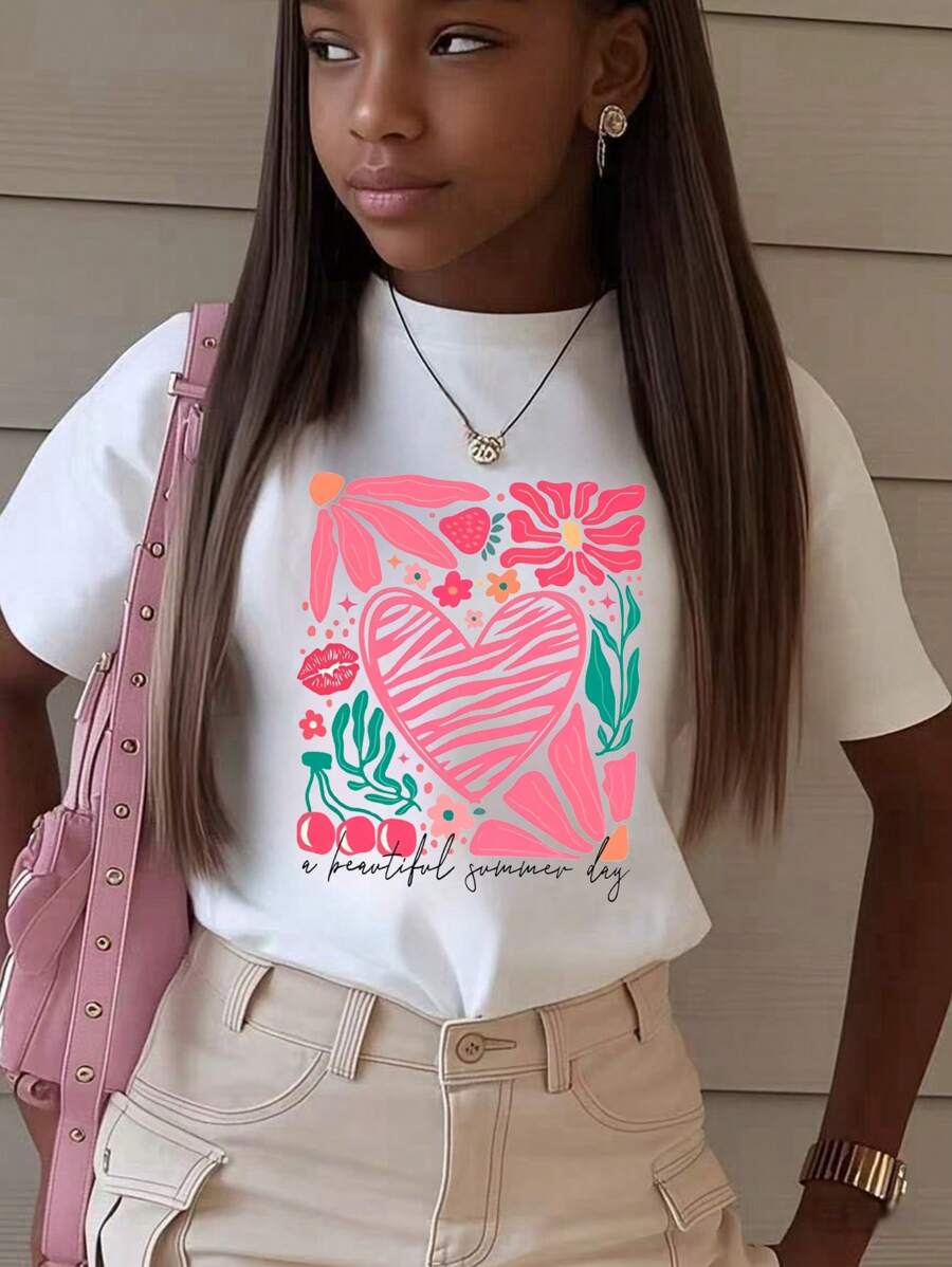 1 buc Tricou cu mânecă scurtă, cu guler rotund și imprimeu grafic casual pentru fete adolescente, îmbrăcăminte de vară pentru studenți - Tricou minimalist în stil englezesc care inspiră imaginația și exprimarea de sine