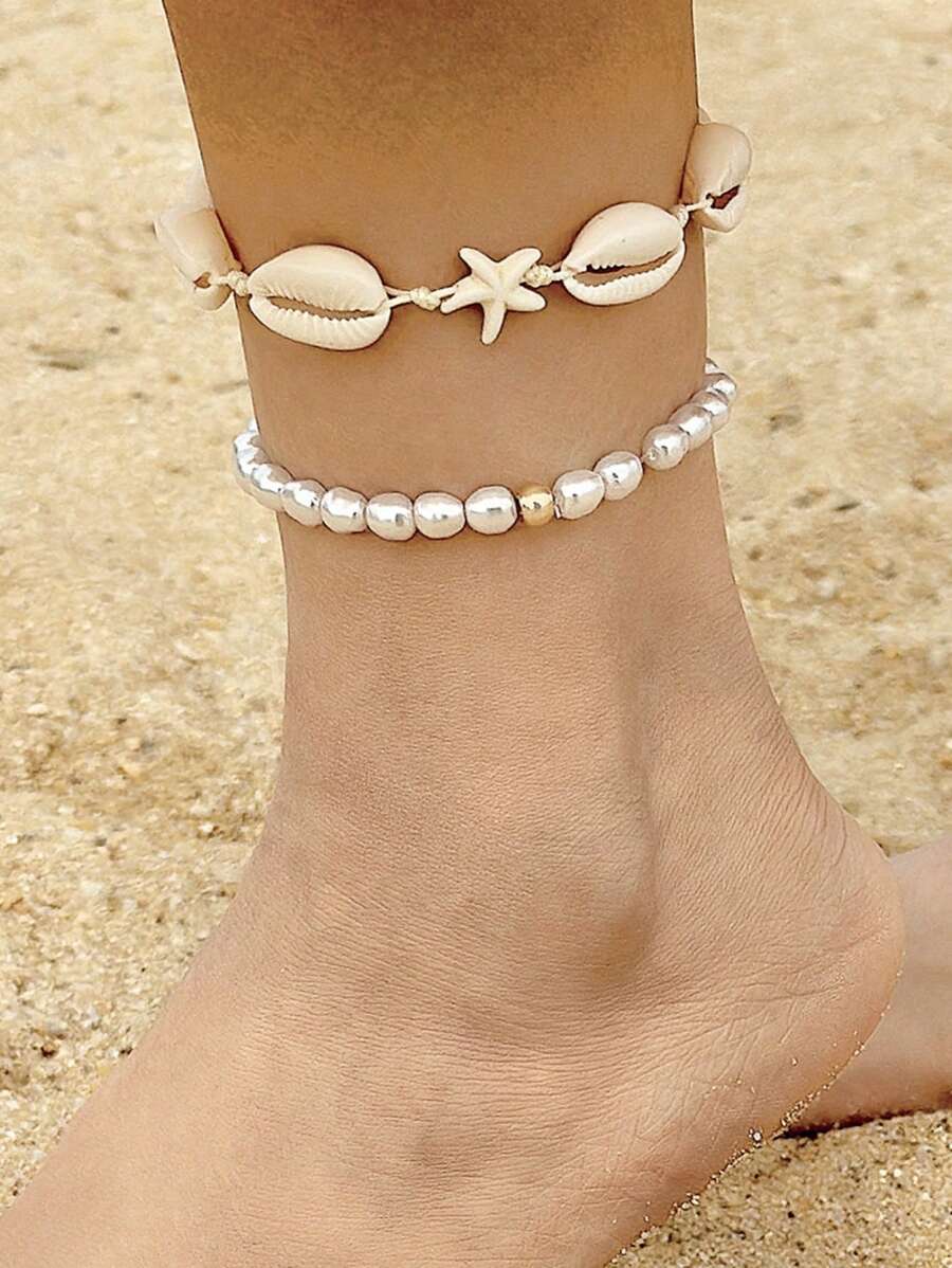 2pcs Set Ocean Beach Holiday Style Beaded Boho Minimalist Color Block Shell Handmade Anklets For Women, Beach Resort Wear