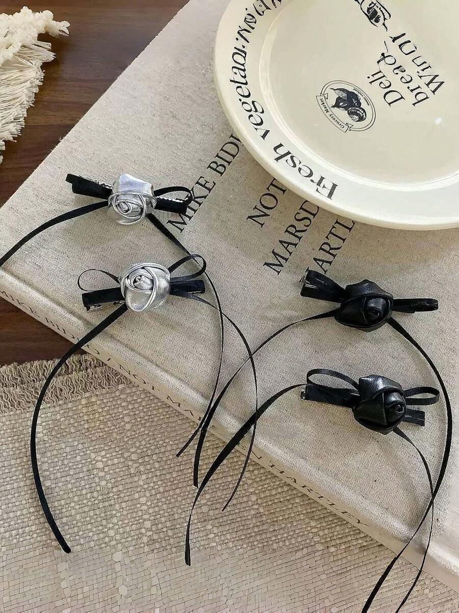 2pcs Sweet Cool Silver Rose Ribbon Hairpins, Delicate Hotties Easily Enhance Attractiveness, School Stuff