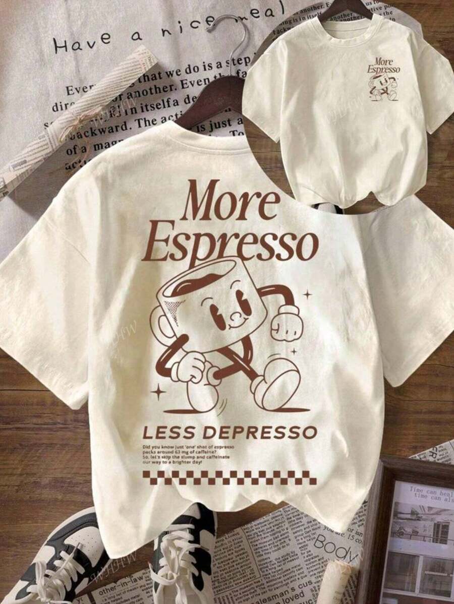 Plus Size Coffee Club Graphic Loose Round Neck Short Sleeve T-Shirt For Women, Casual Summer