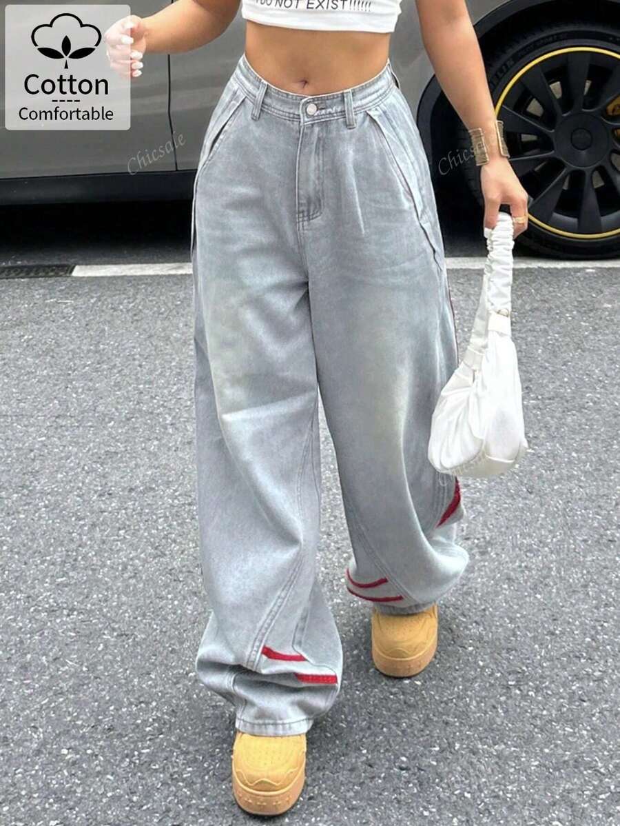 Jeans casual a vita ampia con decorazioni a righe e lavaggio acido per donna