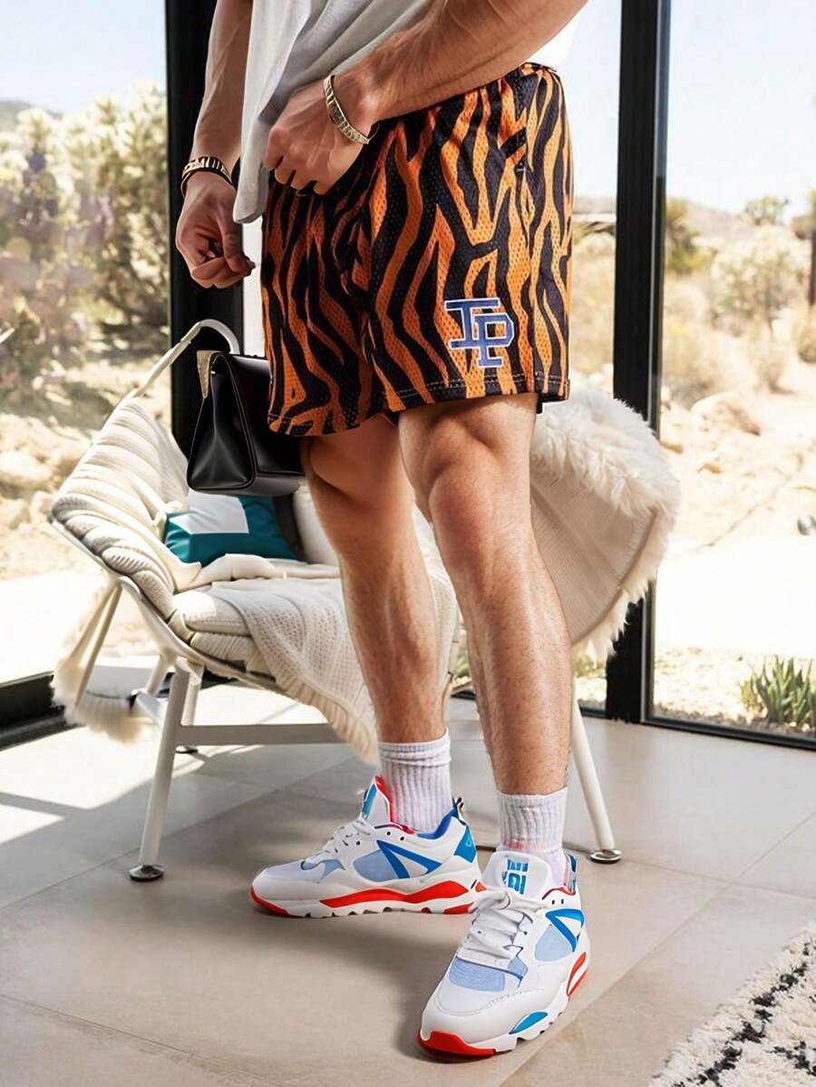 Pantalones cortos de baloncesto casuales de ajuste casual con estampado de rayas de tigre para hombres, para primavera y verano, escuela