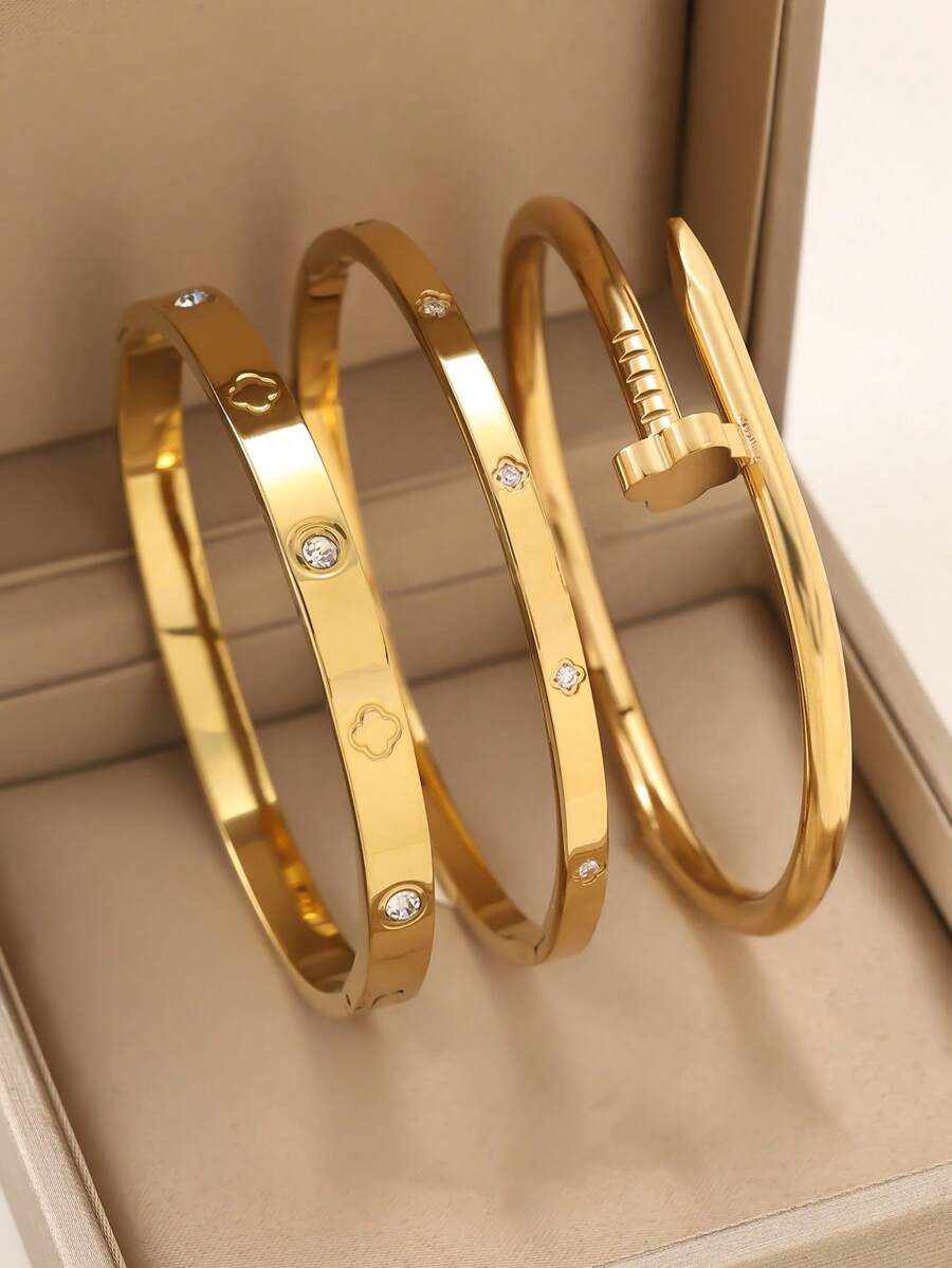 3 pièces/1 pièce Bracelet d'ongle en acier inoxydable plaqué or 18 carats à quatre feuilles de trèfle, convenant pour les fêtes, le port quotidien, le style européen et américain, personnalité, générosité, bracelet de luxe en cubic zirconia, set de bijoux de mariage, cadeau pour les filles, les femmes, la famille et les amis, beau mariage, anniversaire, Saint-Valentin
