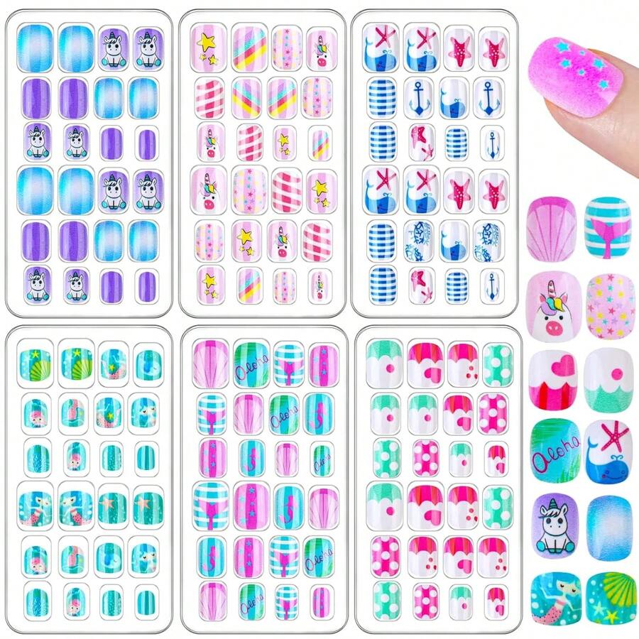 144 Pieces Press On Nails, Acejoz Summer Style Girls Fake Nails Stick On Nail Tips Children Full Cover Short False Fingernails For Boys Girls Kids Nail Art Decoration