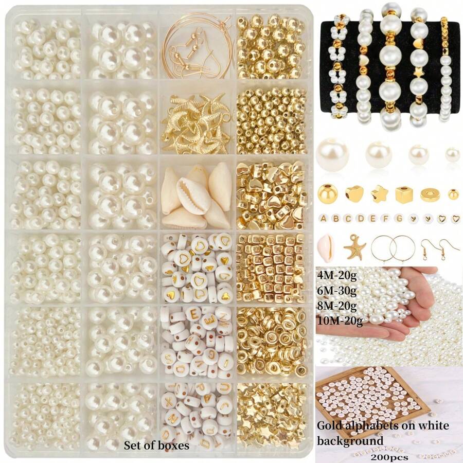 1 Set de herramientas de joyería minimalista de moda con perlas falsas, incluye cuentas espaciadoras chapadas en oro, encantos de letras, corazones y fundas, pulseras y hallazgos, 4 tamaños de cuentas redondas ABS con aceitos para joyería DIY, relleno de jarrón, decoración del hogar, elegante regalo de fiesta navideña