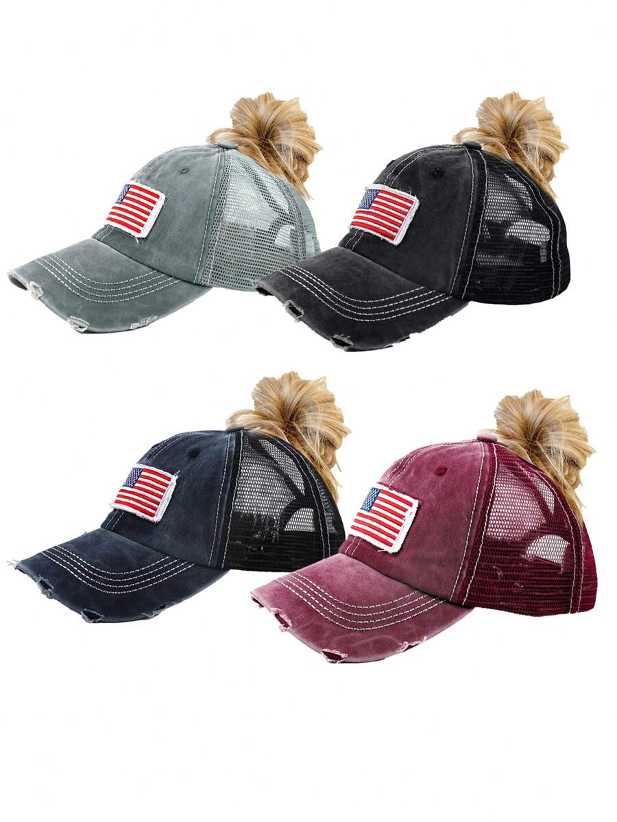 1pc Women's Multi-Color Mesh Ponytail Hole USA Flag Pattern Sports Baseball Cap, Suitable For Daily Wear
