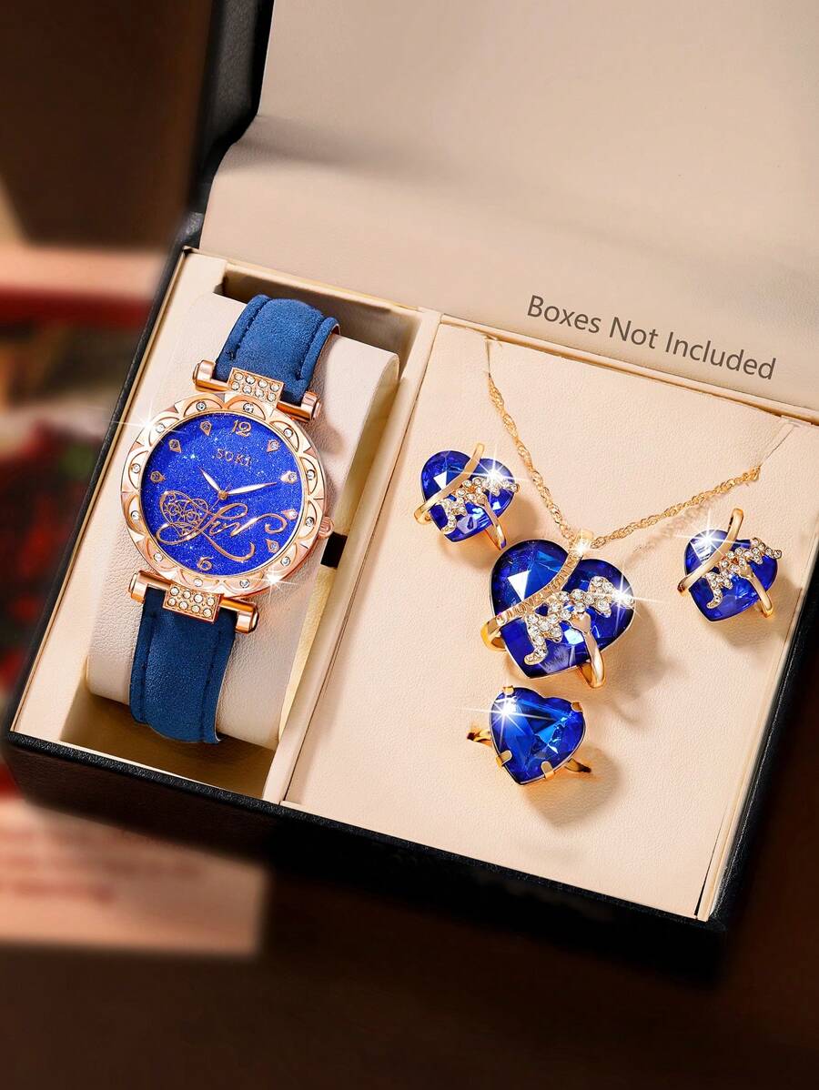 5Pcs/Set Ladies Watch Women Full-Rhinestone Eiffel Tower Dial Quartz Watch And Blue Gemstone Jewelry Gift Set Watch For Women Suitable For Daily Wear, Back-To-School Season, Graduation Season, Thanksgiving, Couples, The Best Gifts Watch Box Not Included